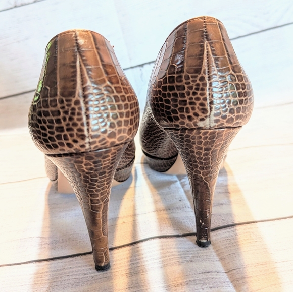PRADA PLATFORM HEELS Size 8 or 38 Brown Leather Snakeskin Peep Toe Pumps - Picture 13 of 16